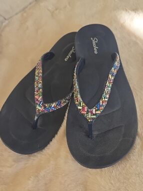 Skechers Black Flip-Flops with Colorful Beaded Straps